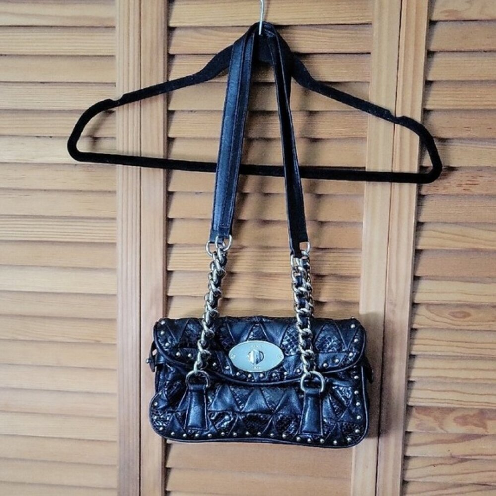 Tosca Blu Black Snake Lamb Leather Quilted Studded Shoulder Bag  Chain Detail
